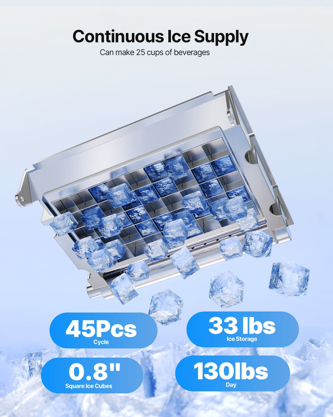 Commercial Ice Maker Machine, 130Lbs/24H With 33Lbs Storage, 45 Cubes Per Cycle, Stainless Steel Freestanding &amp; Under Counter Ice Maker With LED Display &amp; Self-Cleaning, For Home Bar Restaurant