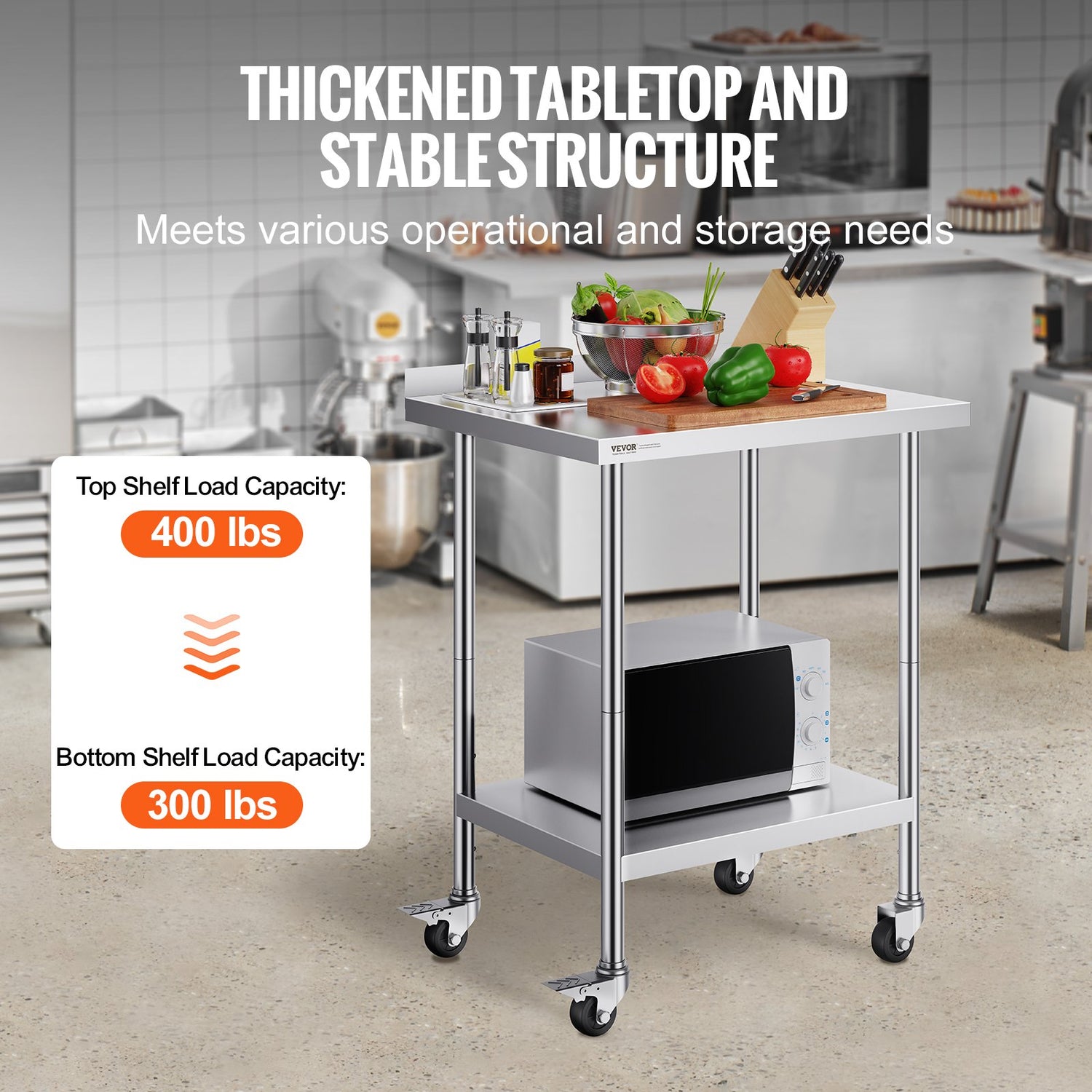 24 X 30 X 40 Inch Stainless Steel Work Table, Commercial Food Prep Worktable With Casters, Heavy Duty Prep Worktable, Metal Work Table With Adjustable Height For Restaurant, Home And Hotel