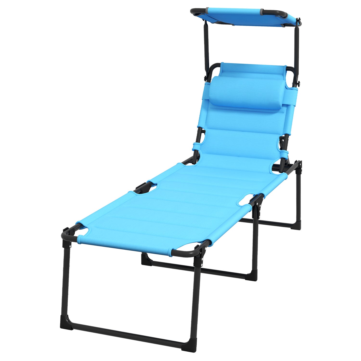 Outdoor Lounge Chair, 4 Position Adjustable Backrest, Folding, Cushioned w/ Sun Shade Roof &amp; Pillow, Blue