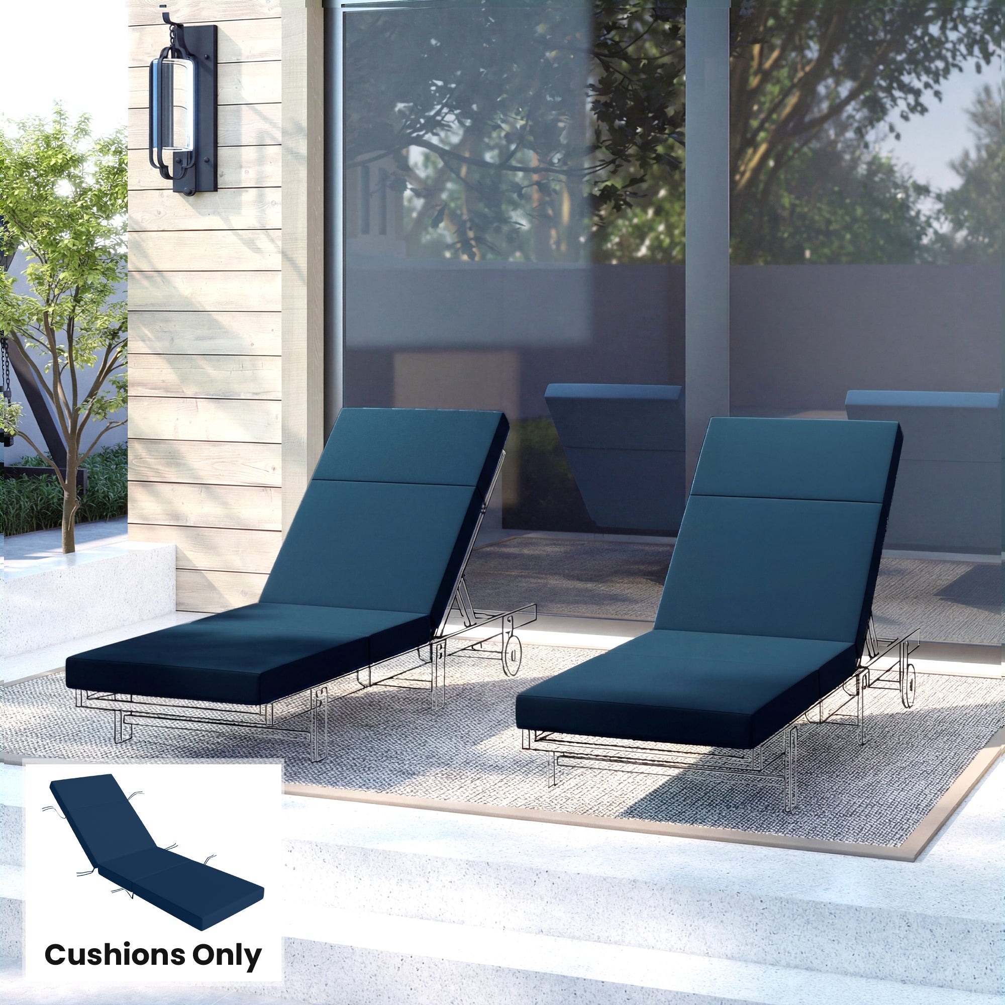 Chaise Lounge Cushion, 4" Thick Outdoor Lounge Chair Cushions with Ties for Patio, 26" x 80 ", Navy Blue