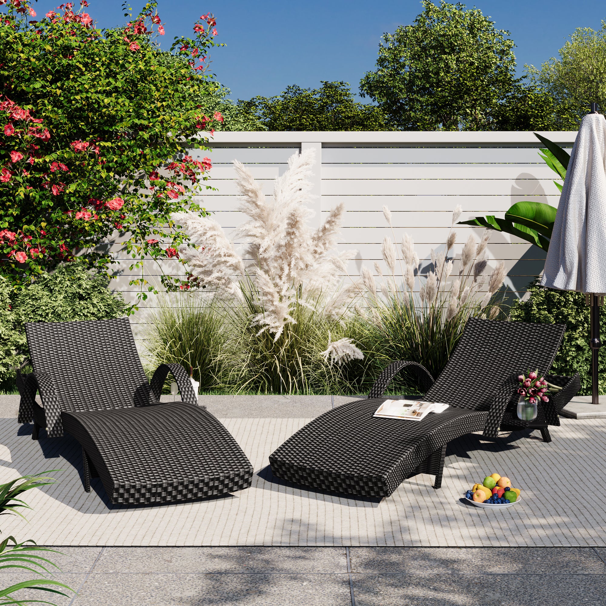 K&amp;K 80in Outdoor Wicker Chaise Lounge Chairs Set Of 2, Patio Rattan Reclining Chair Pull-out Side Table W  5-Level Adjustable Backrest Ergonomic Wave Design Pool Sunbathing Recliners, Black