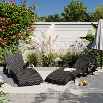 K&amp;K 80in Outdoor Wicker Chaise Lounge Chairs Set Of 2, Patio Rattan Reclining Chair Pull-out Side Table W  5-Level Adjustable Backrest Ergonomic Wave Design Pool Sunbathing Recliners, Black