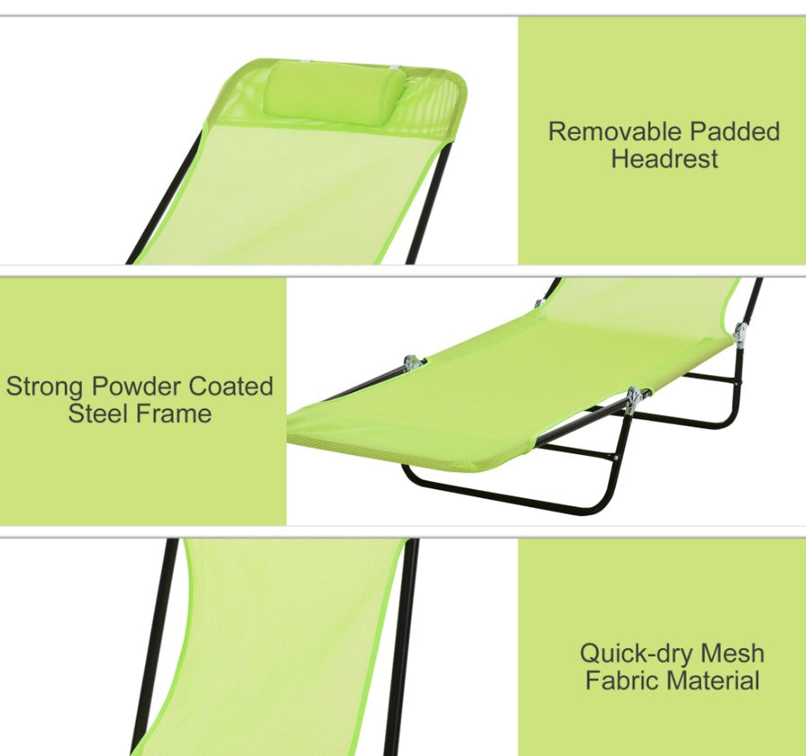 Folding Beach Chaise Lounge, 5-Level Adjustable Back, With Headrest And Breathable Mesh Seat, For Patio Or Deck, Green