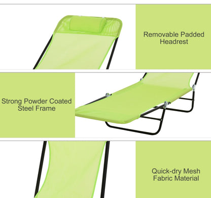 Folding Beach Chaise Lounge, 5-Level Adjustable Back, With Headrest And Breathable Mesh Seat, For Patio Or Deck, Green