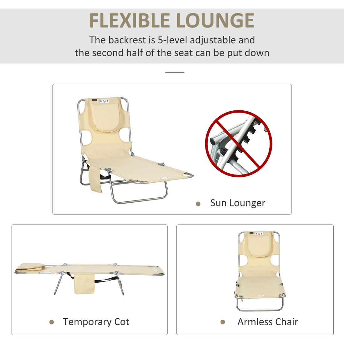 Folding Outdoor Chaise Lounge Sun Tanning Chair With Face Cavity, Pillow, 5-level Adjustable For Beach, Pool, Beige