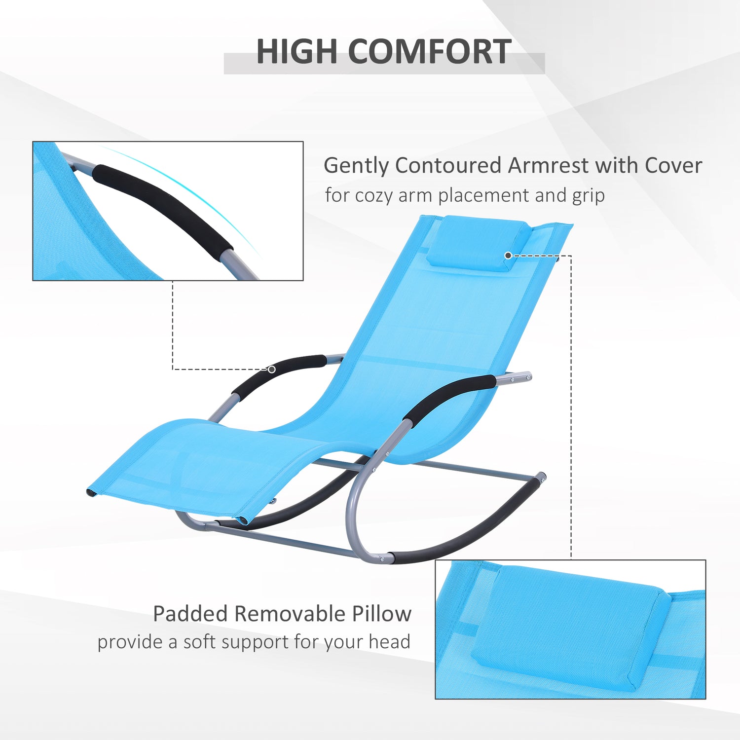 Zero Gravity Rocking Chair Outdoor Chaise Lounge Chair Recliner Rocker with Detachable Pillow and Weather-Fighting Fabric for Patio, Deck, Pool, Light Blue