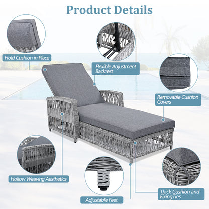 GO Outdoor Long Reclining Chaise, Wicker Lounge With Armrests, Patio Adjustable Recliner With Soft Removable Cushions, All Weather Rattan Pool Lounge For Poolside &amp; Garden, Gray