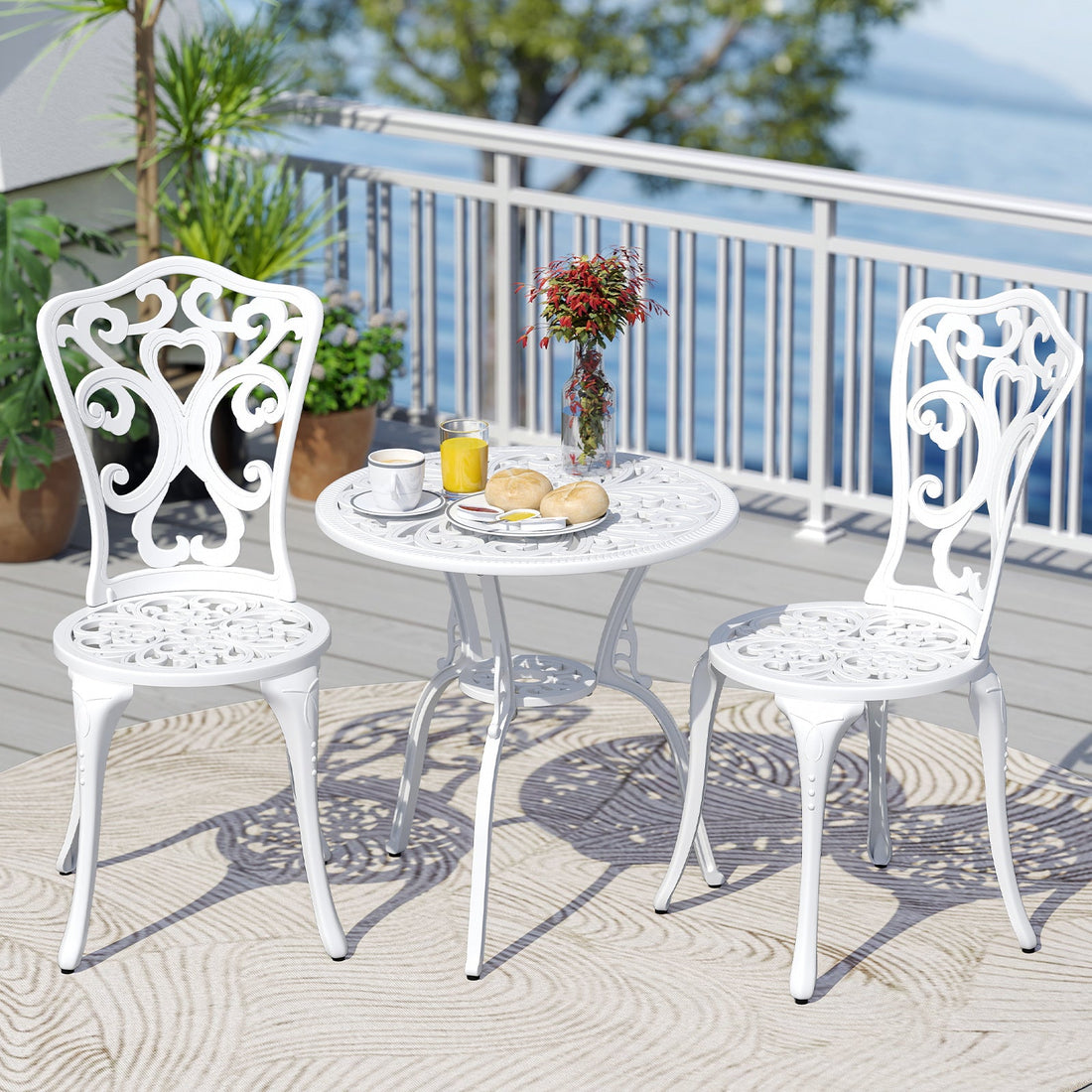 3 Piece All Weather Cast Aluminum Bistro Chairs and Table with Umbrella Holes-White