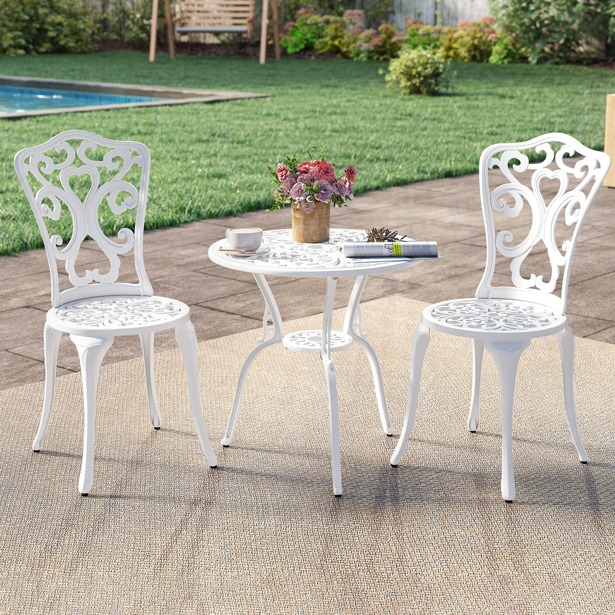 3 Piece All Weather Cast Aluminum Bistro Chairs and Table with Umbrella Holes-White