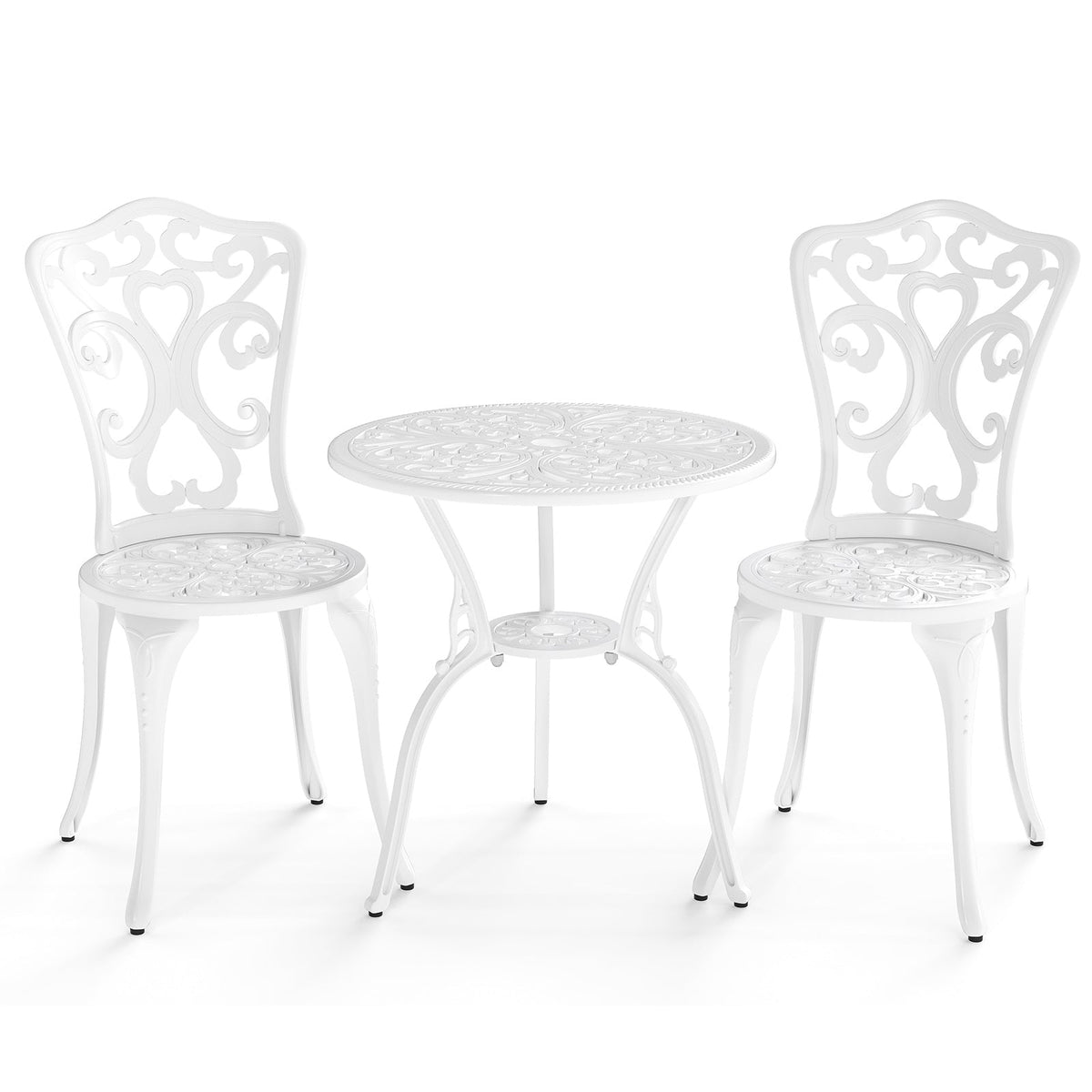 3 Piece All Weather Cast Aluminum Bistro Chairs and Table with Umbrella Holes-White