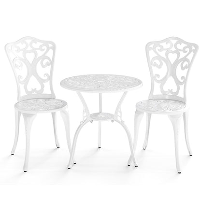3 Piece All Weather Cast Aluminum Bistro Chairs and Table with Umbrella Holes-White