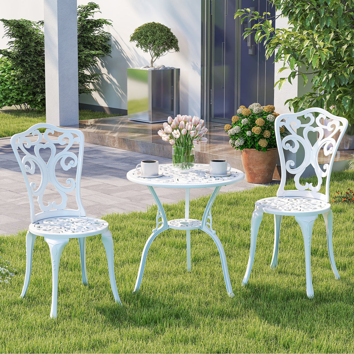 3 Piece All Weather Cast Aluminum Bistro Chairs and Table with Umbrella Holes-White