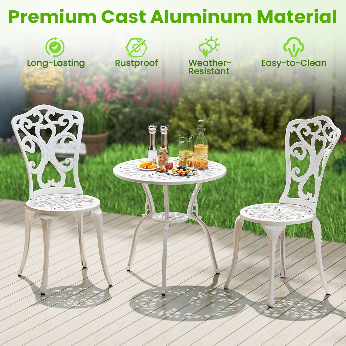 3 Piece All Weather Cast Aluminum Bistro Chairs and Table with Umbrella Holes-White