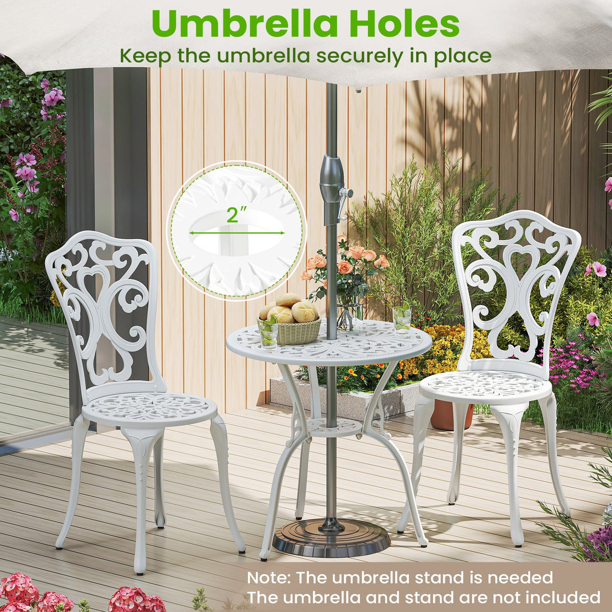3 Piece All Weather Cast Aluminum Bistro Chairs and Table with Umbrella Holes-White