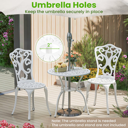 3 Piece All Weather Cast Aluminum Bistro Chairs and Table with Umbrella Holes-White