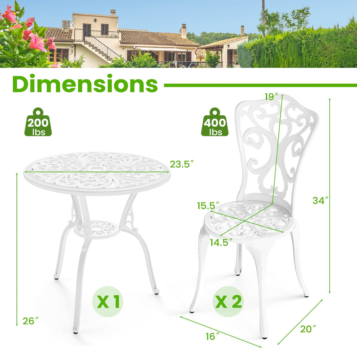 3 Piece All Weather Cast Aluminum Bistro Chairs and Table with Umbrella Holes-White