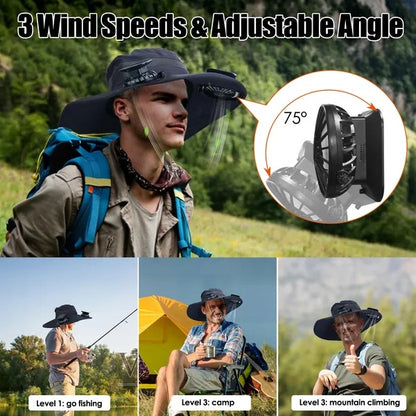 Outdoor Wide Brim Sun Hat With 2 Rechargeable Fans Solar Powered 3 Wind Speeds UPF50 Breathable Waterproof Nylon Mesh Outdoor Hat For Hiking Camping Hunting Fishing