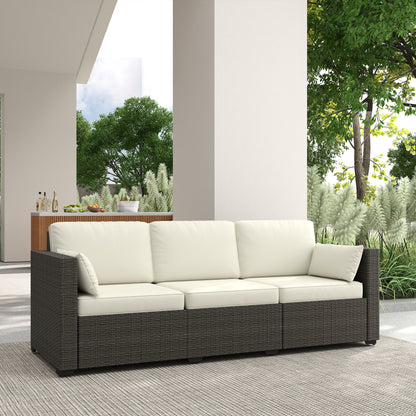 Patio Couch PE Wicker Deep Seating Outdoor Sofa with Removable Cushions, 3 Seater Rattan Sofa, Outdoor Furniture for Balcony, Deck, Garden and Poolside, Cream White