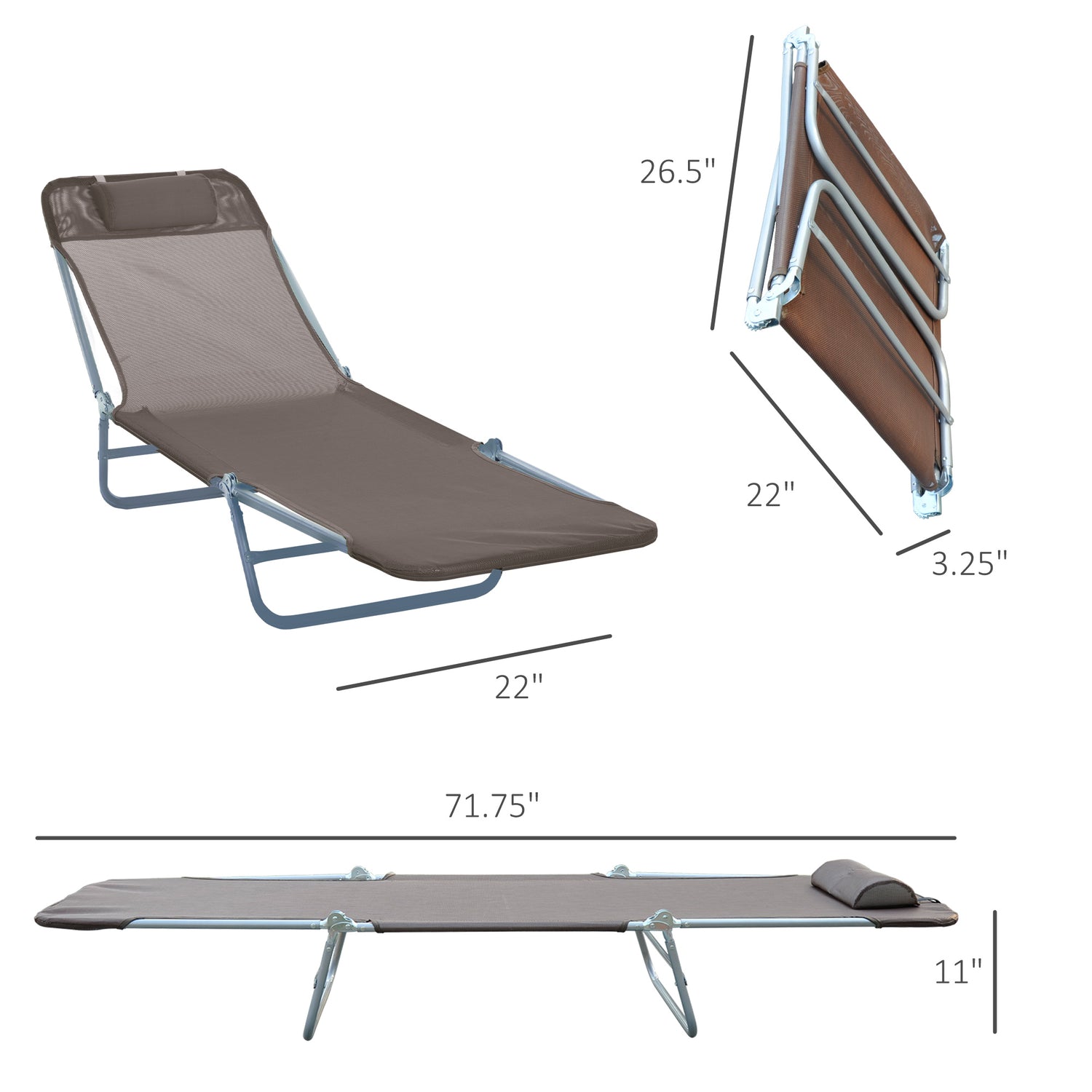 Folding Chaise Lounge Chair, Pool Sun Tanning Chair, Outdoor Lounge Chair With 5-Position Reclining Back Brown