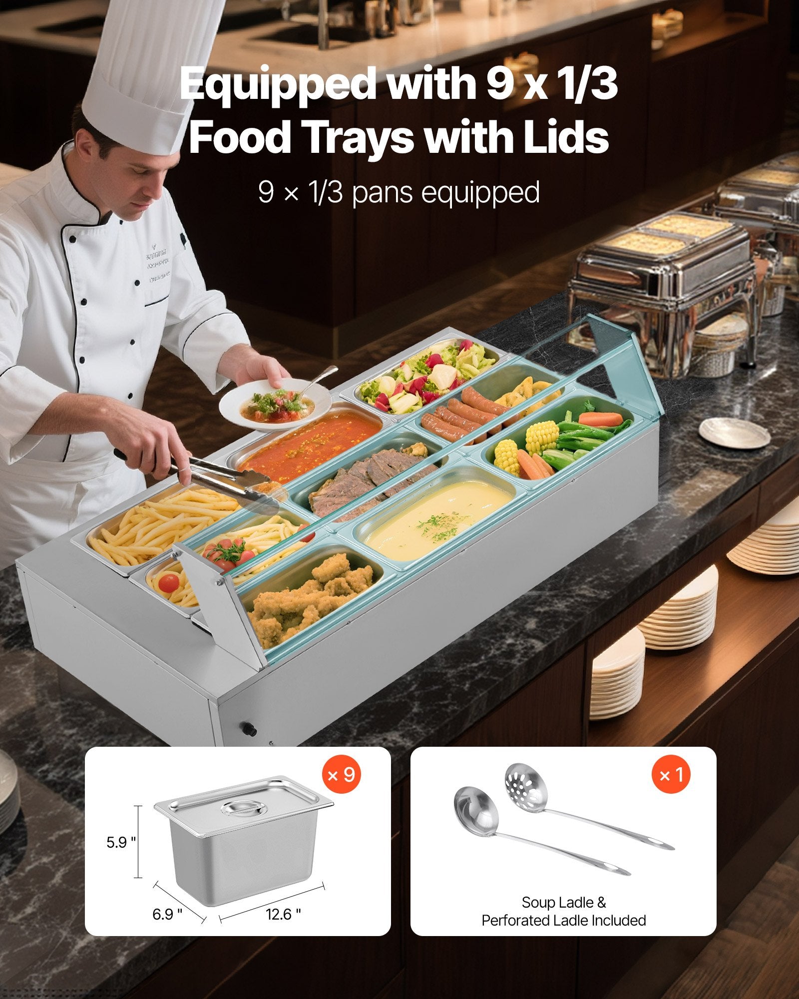 Commercial Food Warmer, 1500W Electric Stainless Steel Steam Food Warmer With Glass Cover, 9-Pan Countertop Buffet Bain Marie With Soup &amp; Perforated Ladles, For Catering, Restaurant &amp; Party