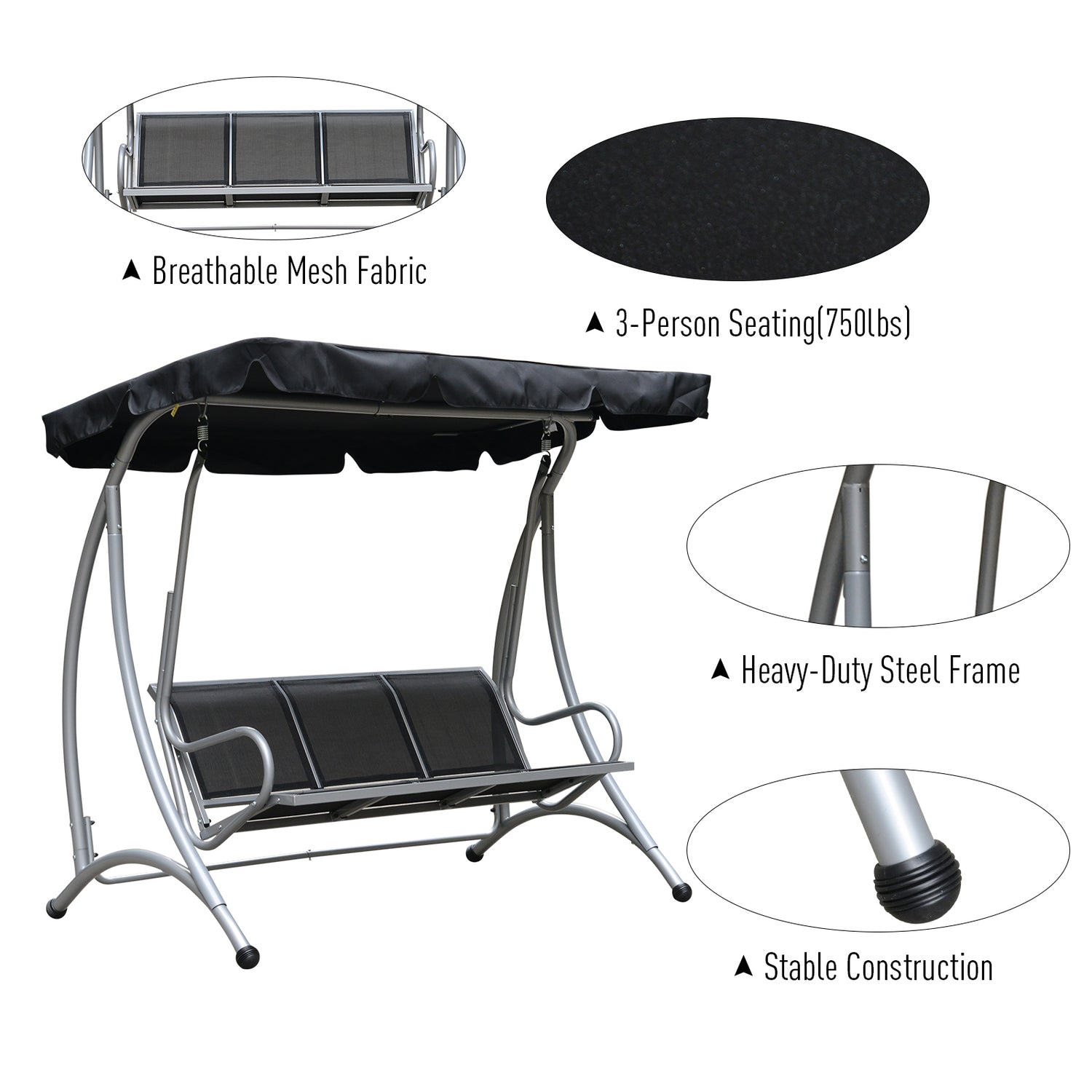 3-Seat Outdoor Porch Swing Chair, Patio Swing Glider with Adjustable Canopy, Breathable Seat, and Steel Frame for Garden, Poolside, Backyard, Black