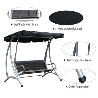 3-Seat Outdoor Porch Swing Chair, Patio Swing Glider with Adjustable Canopy, Breathable Seat, and Steel Frame for Garden, Poolside, Backyard, Black