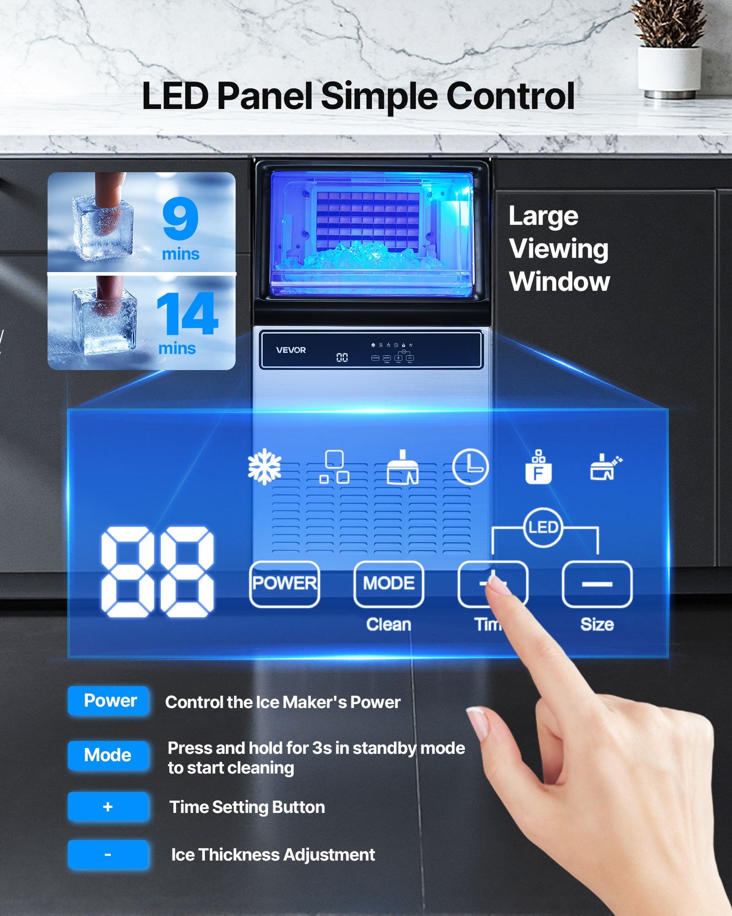Commercial Ice Maker Machine, 130Lbs/24H With 33Lbs Storage, 45 Cubes Per Cycle, Stainless Steel Freestanding &amp; Under Counter Ice Maker With LED Display &amp; Self-Cleaning, For Home Bar Restaurant