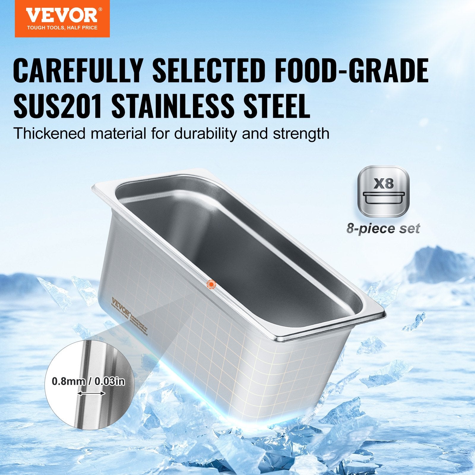 8 Pack Hotel Pans, 1/3 Size Anti-Jam Steam Pan With Lid, 0.8mm Thick Stainless Steel Steam Table Pan, 6-Inch Deep Commercial Table Pan, Catering Storage Food Pan, For Industrial &amp; Scientific