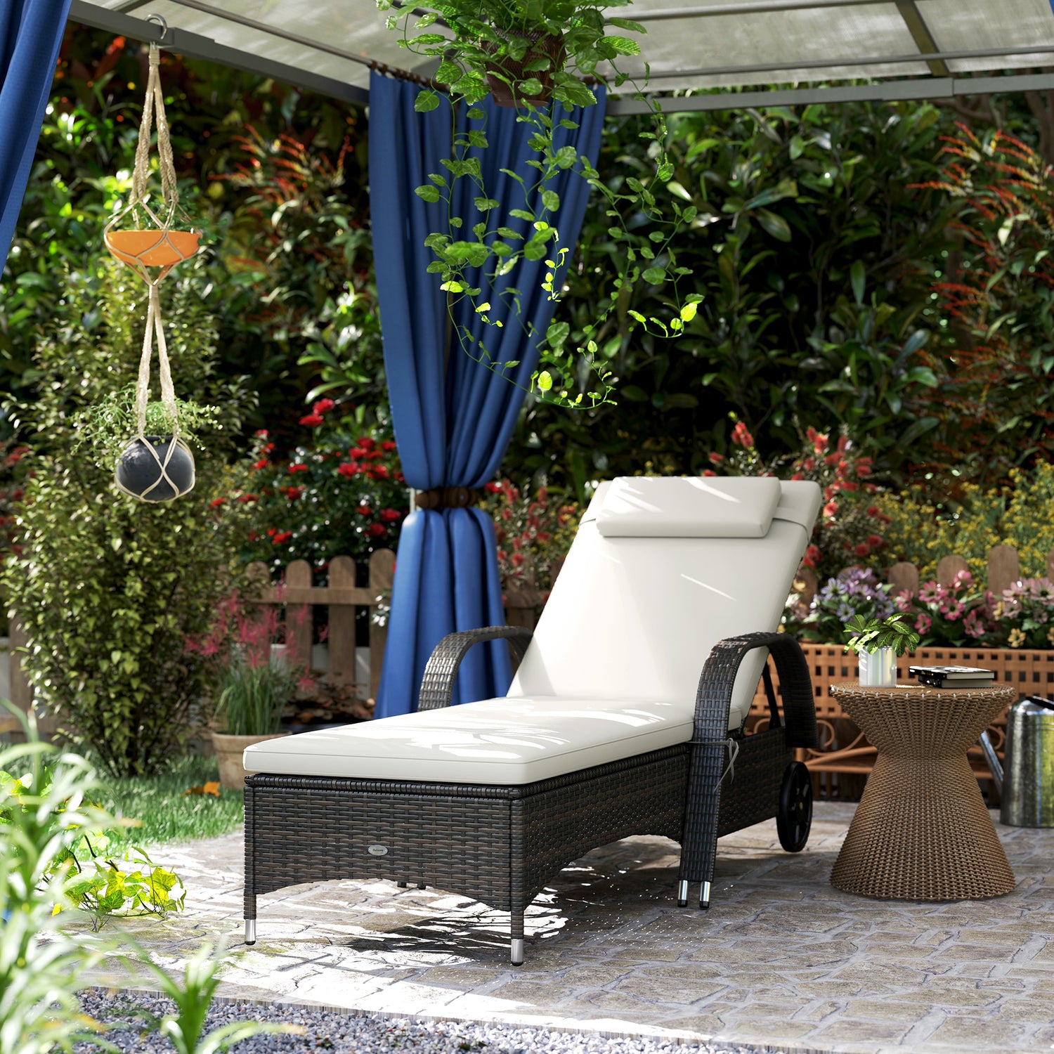 Outdoor Chaise Lounge, 5-Level Adjustable Backrest Rattan Pool Lounge Chair with Wheels, Cushion &amp; Headrest, Cream