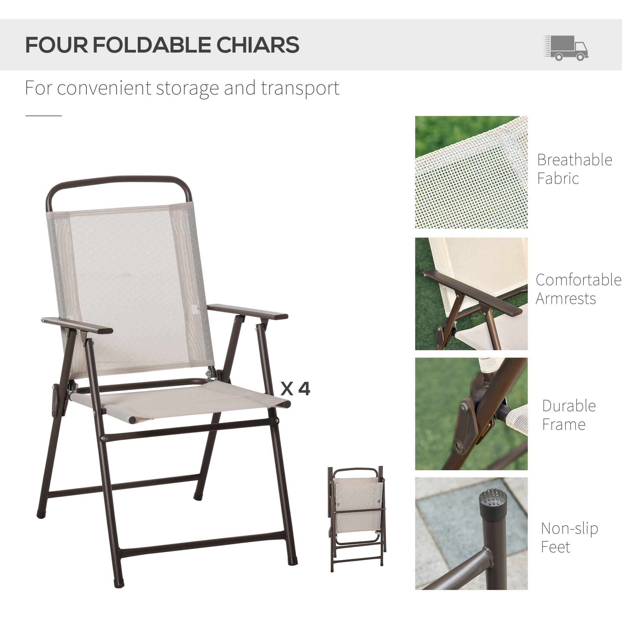 6 Piece Patio Dining Set for 4 with Umbrella, Outdoor Table and Chairs with 4 Folding Dining Chairs &amp; Round Glass Table for Garden, Backyard and Poolside, Beige