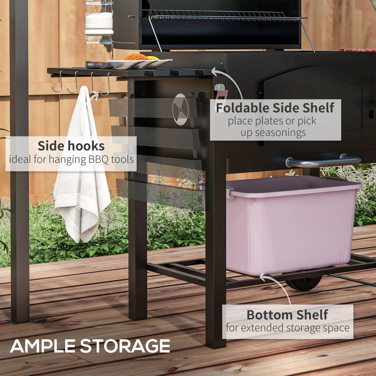 Charcoal Grill with Adjustable Height and Folding Shelves - Black Steel