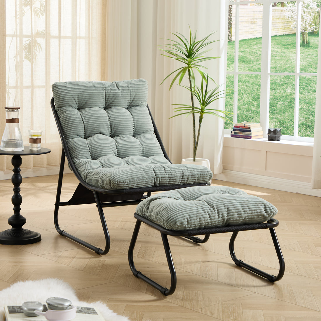 Patio Outdoor Lounge Chair With Ottoman, Comfy Sling Recliner Chair With Puffy Cushion And Foot Stool,  Ideal For Living Room, Bedroom, Reading Room, Black Frame With Light Green Cushion