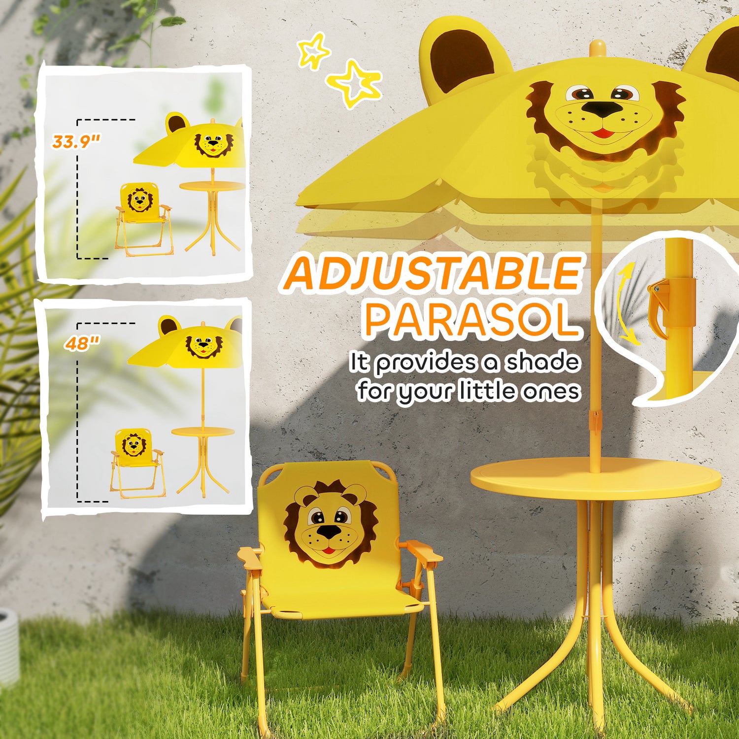 Kids Picnic Table and Chair Set, Outdoor Activity Table with Foldable Chairs, Height Adjustable Umbrella, Yellow