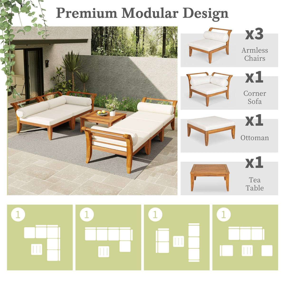 6 Piece Acacia Wood Outdoor Modular Sectional with Daybed - Teak Beige
