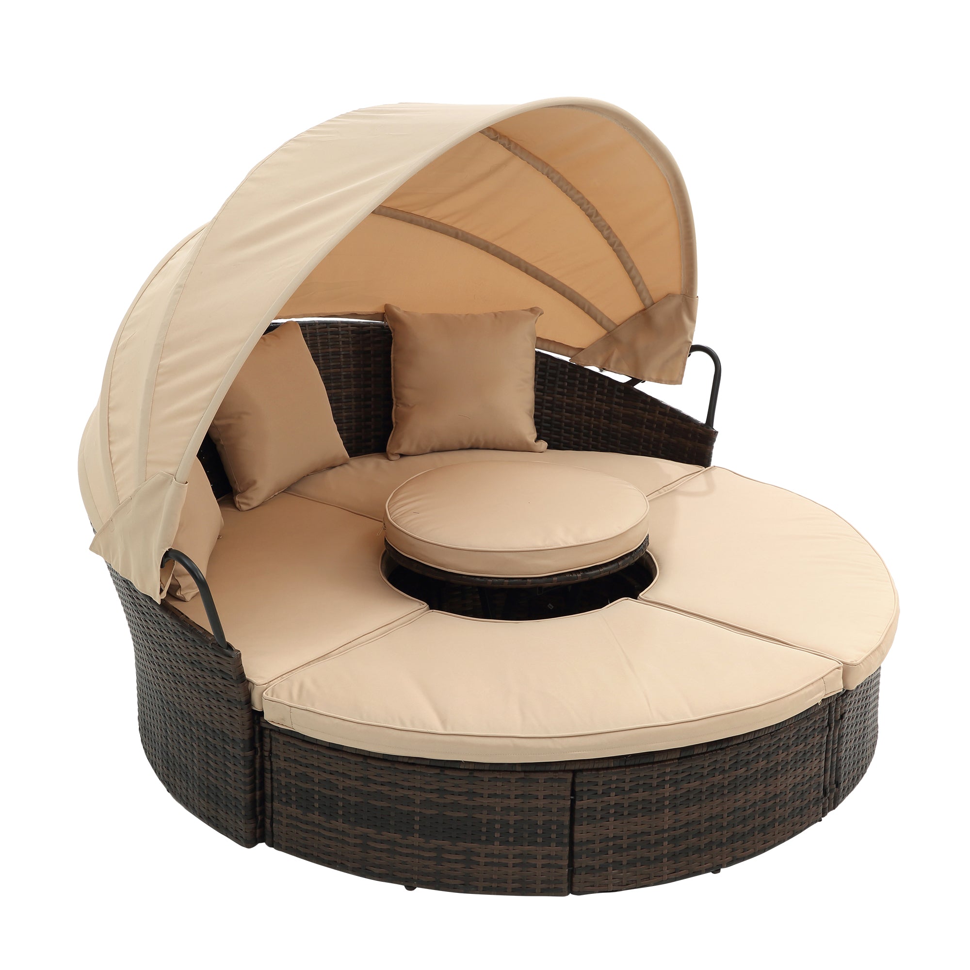 Hot Sale KD Rattan Round Lounge With Canopy Bali Canopy Bed Outdoor, Wicker Outdoor Sofa Bed With Lift Coffee Table