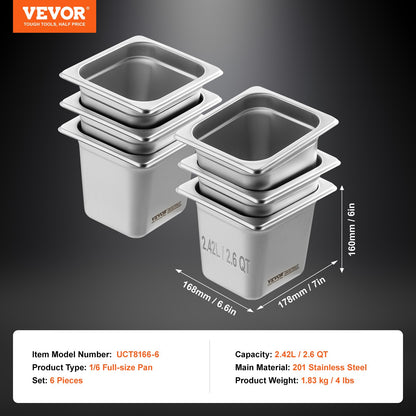 6 Pack Hotel Pans, Size Anti-Jam Steam Pan, 0.8mm Thick Stainless Steel Restaurant Steam Table Pan, 6-Inch Deep Commercial Table Pan, Catering Storage Food Pan, For Industrial &amp; Scientific