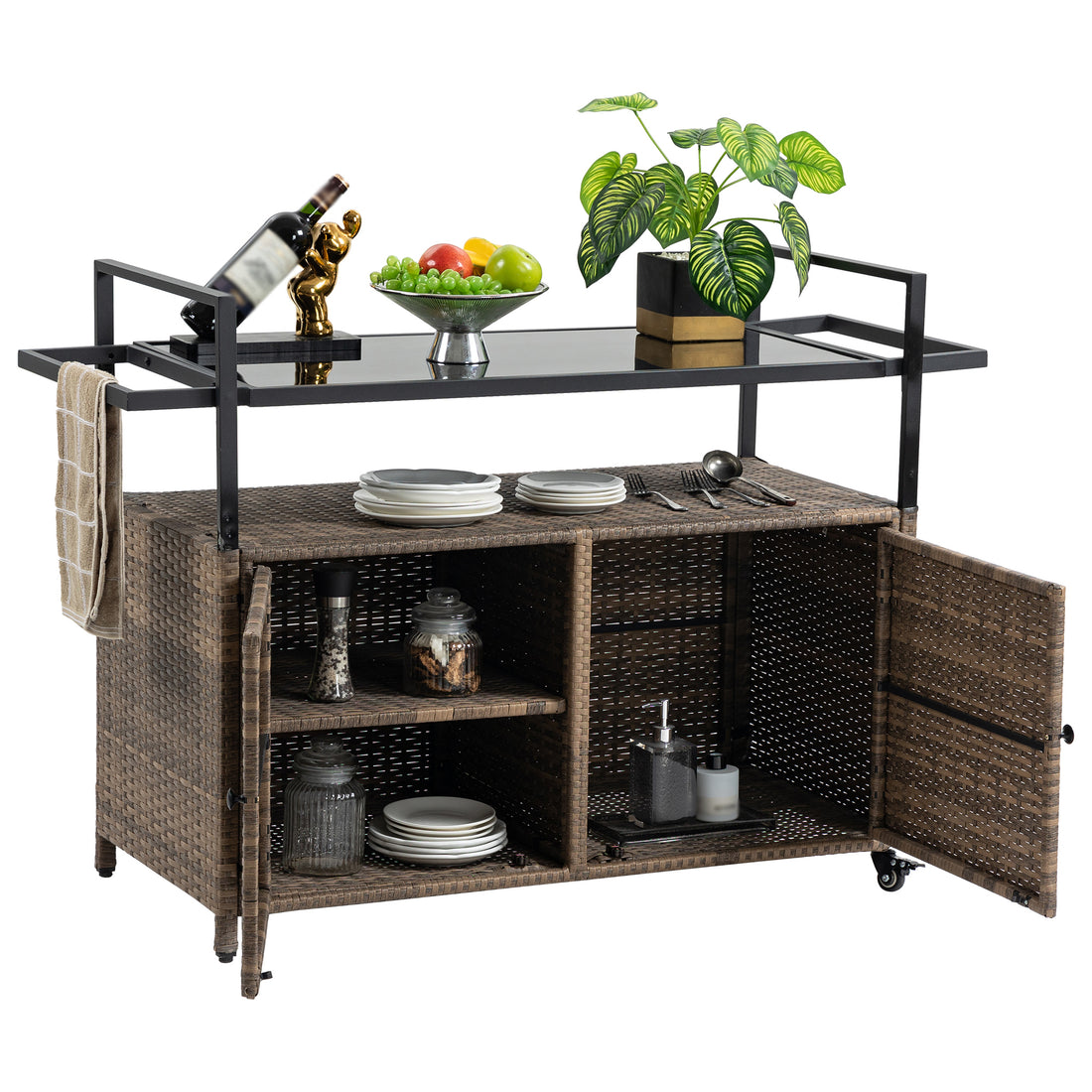 Outdoor Wicker Bar Cart, Patio Wine Serving Cart W Wheels , Rolling Rattan Beverage Bar Counter Table W Glass Top For Porch Backyard Garden Poolside Party, Light Brown
