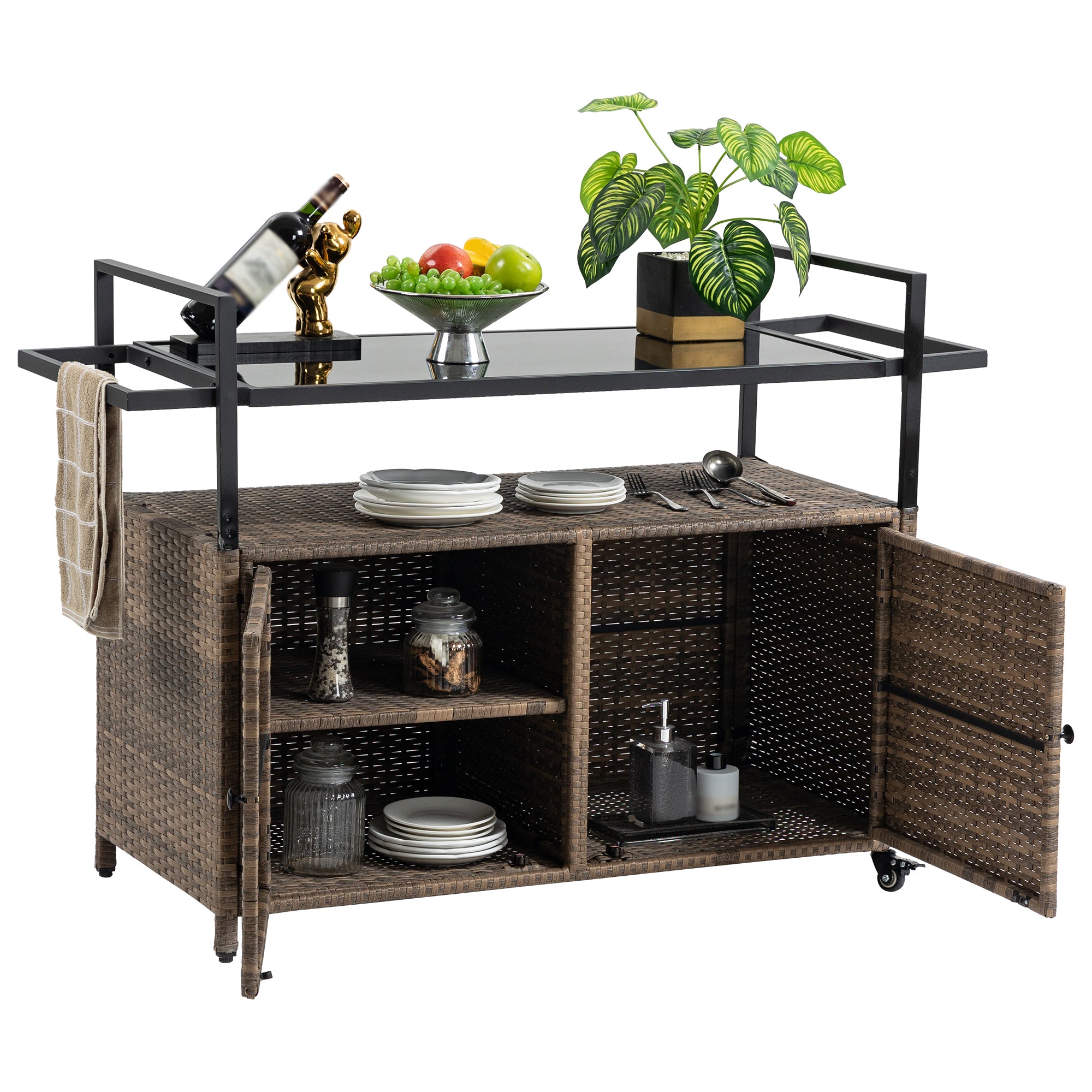 Outdoor Wicker Bar Cart, Patio Wine Serving Cart W Wheels , Rolling Rattan Beverage Bar Counter Table W Glass Top For Porch Backyard Garden Poolside Party, Light Brown