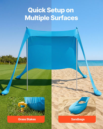Beach Tent Sun Shelter, UPF50+ Sun Protection, 6.6 Ft Tall, 7.5x7.5 Ft, Easy Pop Up Beach Canopy With Sandbags, Stability Poles, Sand Shovels, Portable Shade For Family Outings, Camping, Fishing
