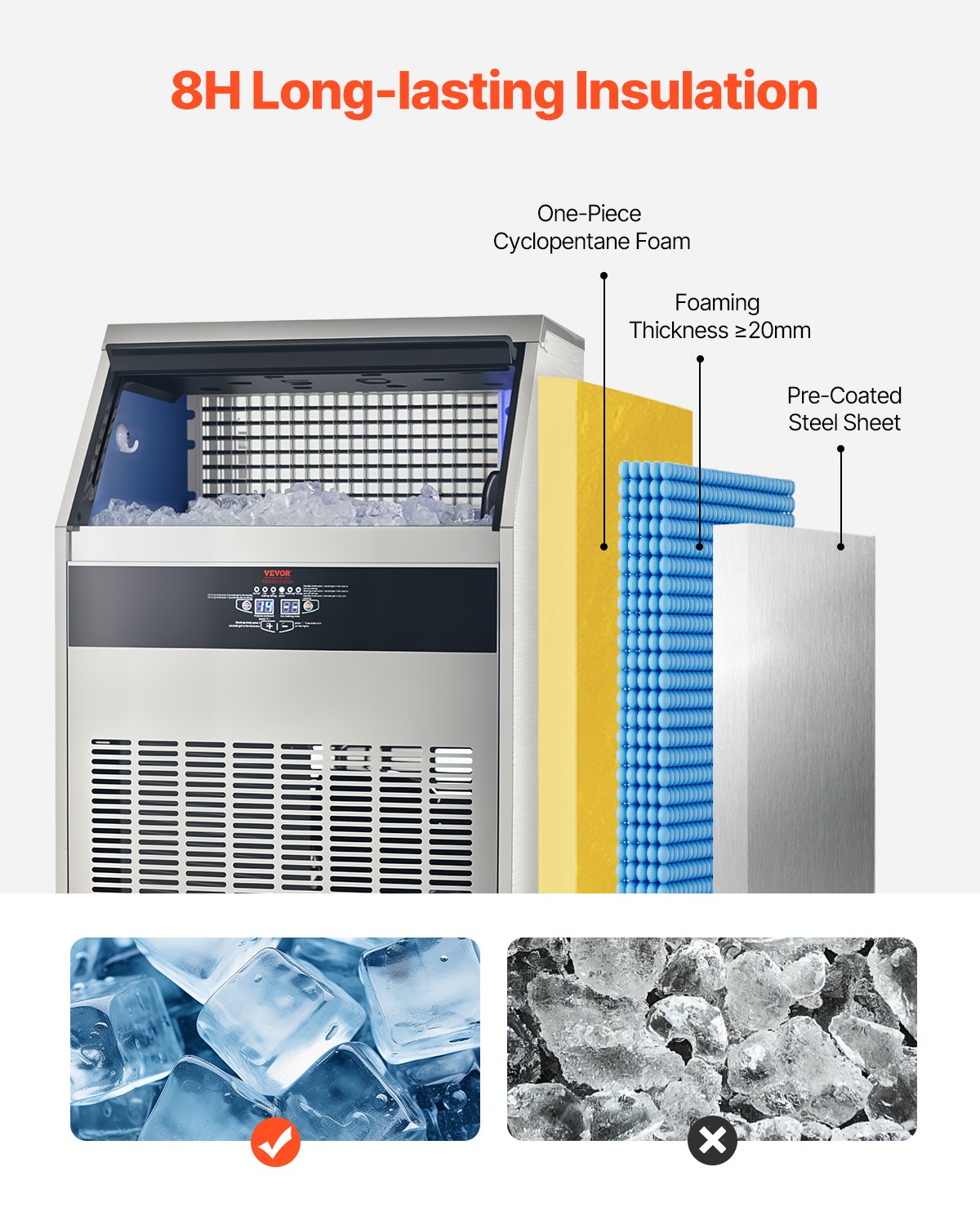 440lbs/24H Commercial Ice Maker Machine, 130lbs Storage Capacity Ice Maker With Drain Pump, 160 Ice Cubes In 15 Minutes, LED Digital Display Freestanding Self-Cleaning For Bar Office Restaurant