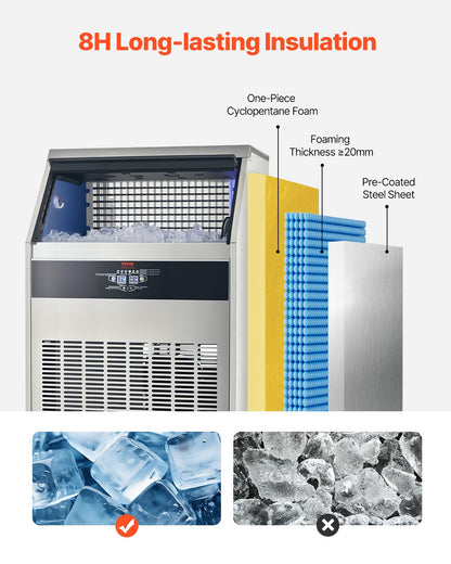 440lbs/24H Commercial Ice Maker Machine, 130lbs Storage Capacity Ice Maker With Drain Pump, 160 Ice Cubes In 15 Minutes, LED Digital Display Freestanding Self-Cleaning For Bar Office Restaurant