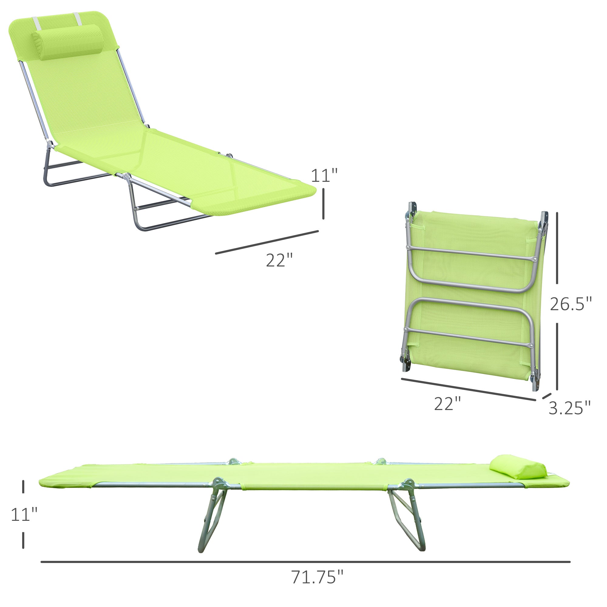 Folding Chaise Lounge Pool Chairs, Outdoor Sun Tanning Chairs with Pillow, Reclining Back, Steel Frame &amp; Breathable Mesh for Beach, Yard, Patio,  Green