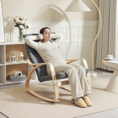 Comfortable Relax Rocking Chair, Upholstered Lounge Chair Recliner With High Back And Headrest For Living Room, Bedroom, Grey