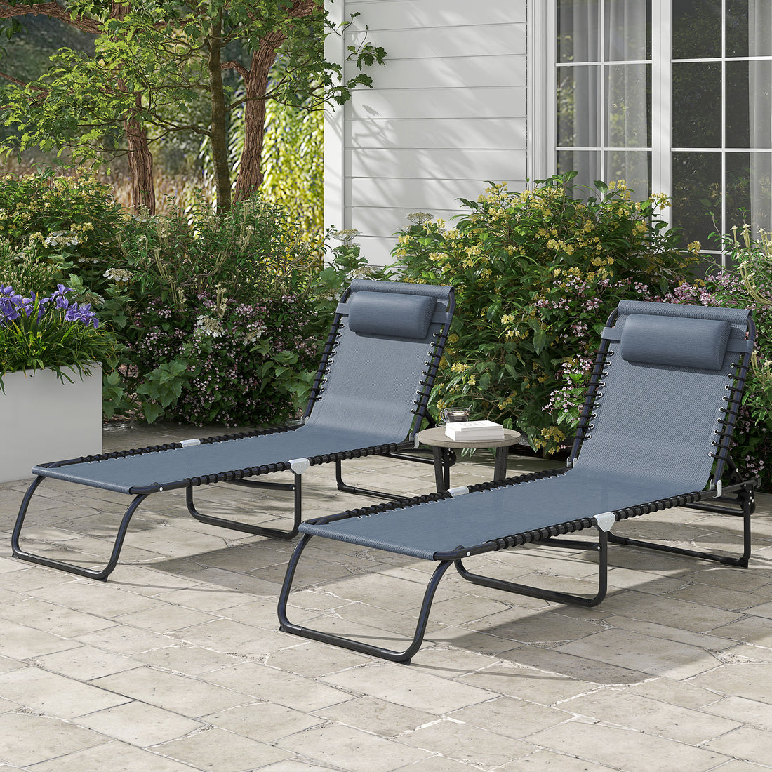 2 Folding Chaise Lounge Pool Chairs with 4-Position Reclining Back, Pillow, Breathable Mesh &amp; Bungee Seat, Gray