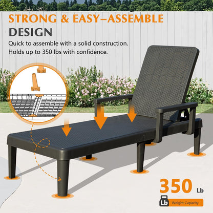 Pool Lounge Chairs Set Of 2, Outdoor Lounge Chairs With 6 Positions Backrest Adjustable, Resin Waterproof Chaise Lounge Outdoor For Poolside Patio Garden Deck