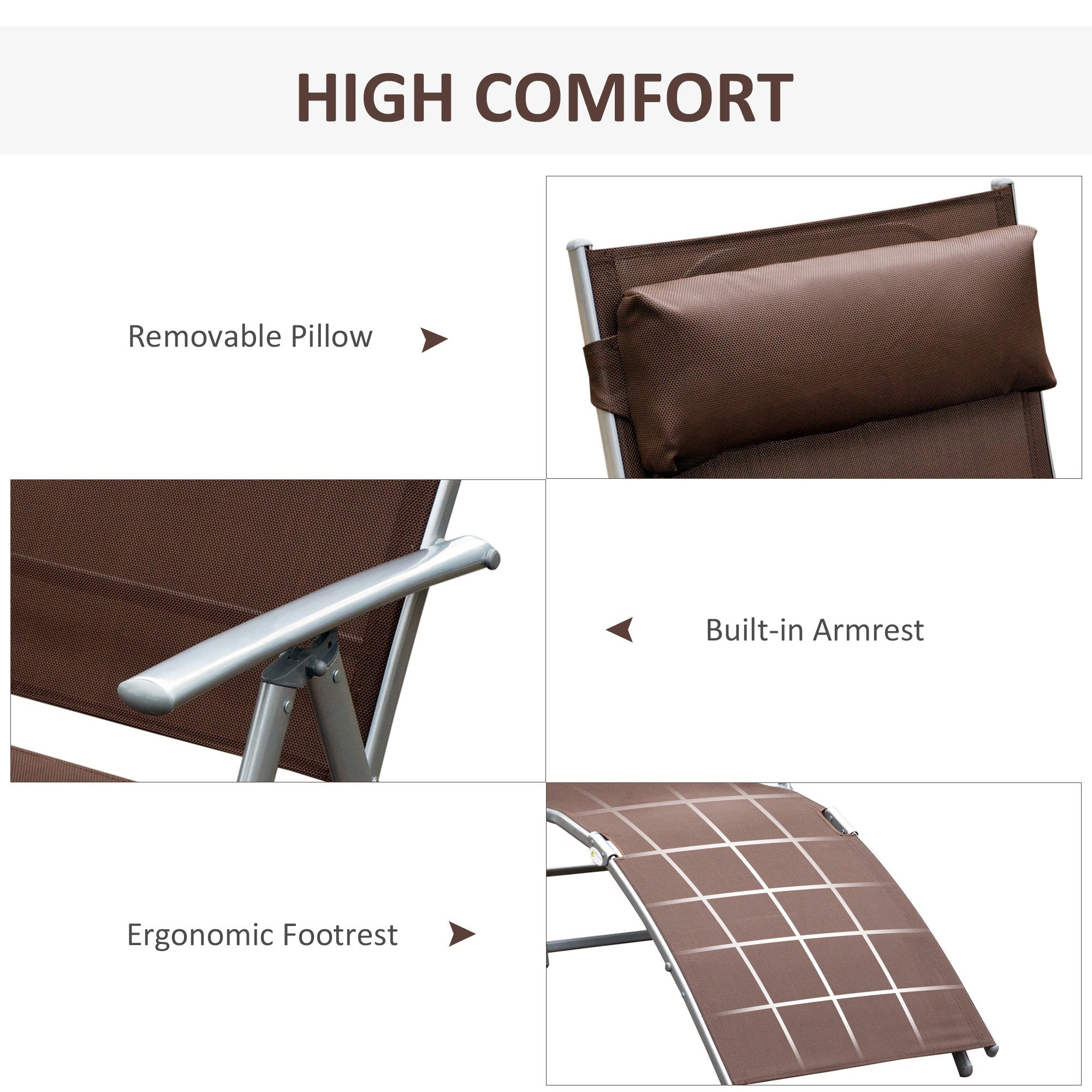 Sun Lounger Steel Frame Outdoor Folding Chaise Texteline Lounge Chair Recliner With Headrest &amp; 7 Levels Adjustable Backrest, Brown
