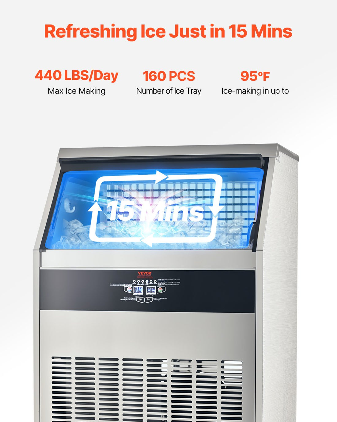 440lbs/24H Commercial Ice Maker Machine, 130lbs Storage Capacity Ice Maker With Drain Pump, 160 Ice Cubes In 15 Minutes, LED Digital Display Freestanding Self-Cleaning For Bar Office Restaurant