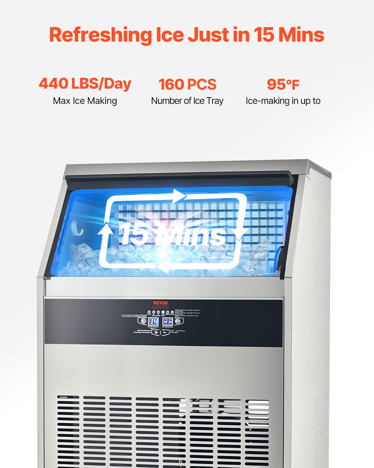440lbs/24H Commercial Ice Maker Machine, 130lbs Storage Capacity Ice Maker With Drain Pump, 160 Ice Cubes In 15 Minutes, LED Digital Display Freestanding Self-Cleaning For Bar Office Restaurant