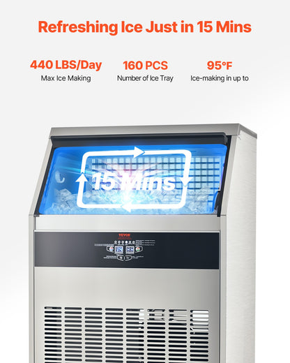 440lbs/24H Commercial Ice Maker Machine, 130lbs Storage Capacity Ice Maker With Drain Pump, 160 Ice Cubes In 15 Minutes, LED Digital Display Freestanding Self-Cleaning For Bar Office Restaurant