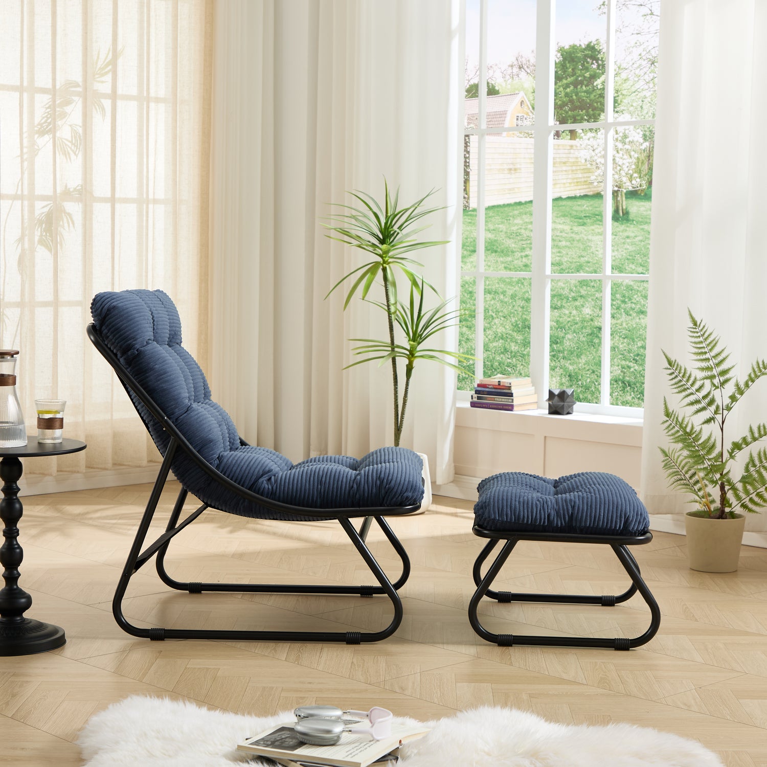 Patio Outdoor Lounge Chair With Ottoman, Comfy Sling Recliner Chair With Puffy Cushion And Foot Stool,  Ideal For Living Room, Bedroom, Reading Room, Black Frame With Navy Blue Cushion